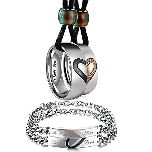Aeici Couples Necklace Love Bracelet Set for Him Her Stainless Steel Puzzle Heart Matching Bracelet Necklace for Best Friend 4Pcs