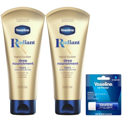 Vaseline Lotion Radiant X Deep Nourishment Hand Butter 2-Pack for Dry Skin + Original Vaseline Lip Therapy Stick for Dry Lips with Petroleum Jelly (3 Piece Set)