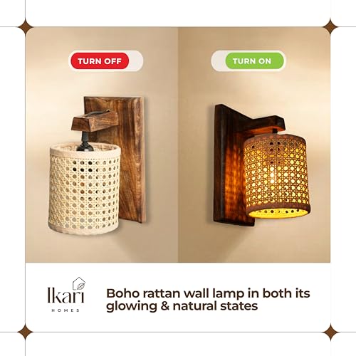 Image of Ikari Homes Rustic Wooden Wall Lamp I Cylindrical Raffia Shade I Vintage Wall Lamp I Boho Rattan Wall lamp for Bedroom /Balcony /Living Room /Outdoor /Entrance - Size 10 x 5 in (Rattan Hex Mesh)