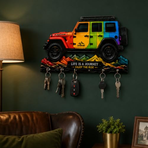 Image of Webelkart Premium HD UV Printed Mahindra Thar Car Shape Designer Wooden Key Holder Home and Office Decor (11 X 6 Inch, Wood) (Yellow-1)