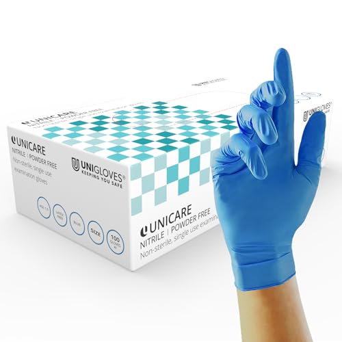 Lista de talla de guantes online 5 UNIGLOVES Guantes desechables de nitrilo Unicare para exploración - Guantes médicos multiuso sin polvo - Caja de 100 guantes, color azul, talla...