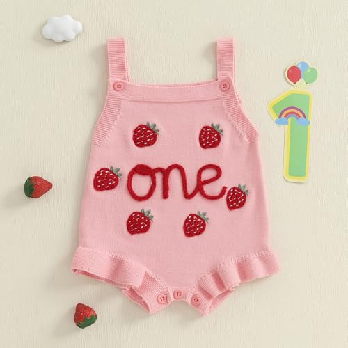 Baby Girl Birthday Outfit Knit Bubble Romper One Year Old Strawberry Embroidery Ruffle Sleeveless Bodysuit Clothes3