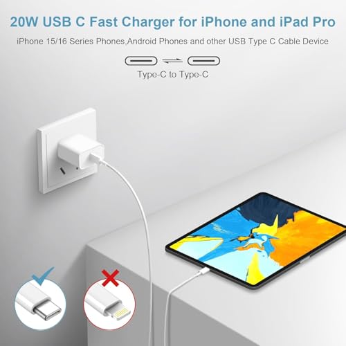 Image of iPhone 17 Charger 2 Pack 20W USB C Wall Charger Block + 10FT Long USB Type C Fast Charge Cable Cord Kit for Apple iPhone 17 Air 16 Pro 16 Pro Max 16 Plus 15 Series, iPad Pro /Air