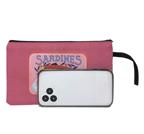 Sardines Tin Novelty Canvas Tote Bag Set: 2 Reusable Pink Travel Bags & Matching Zip Pouch with Unique Fish & Olive Oil Design3