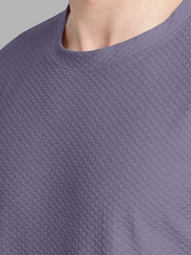 Image of BULLMER Trendy Textured Half Sleeve Oversized Hexagon Waffle Crew Neck Tshirt for Men-Pack of 2