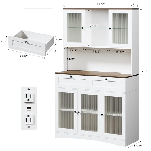 Image of HUAHUU 71 inch Kitchen Pantry Cabinet with Lights & Acrylic Doors, Pantry Storage Cabinet with Microwave Stand, Kitchen Hutch Food Cabinets with Charging Station, Adjustable Shelves, White