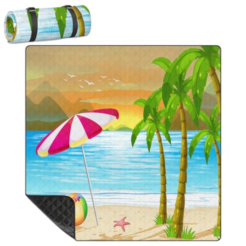 Shimoshe Extra Large Picnic Blankets 79”x 79”, Summer Beach Palm Tree Umbrella Waterproof Foldable Picnic Mat with Straps Portable Beach Blanket for Camping Park Grass Beach Indoor
