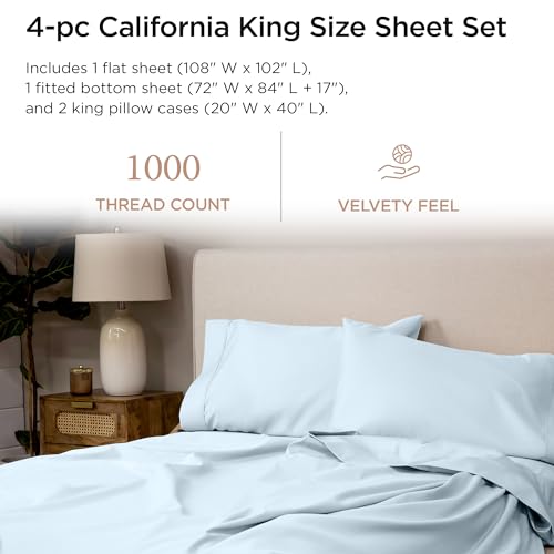 Threadmill California King Sheets - 1000 Thread Count Luxury Bed Sheets Set, Certified American Supima Cotton, Elasticized Extra Deep Pocket, Light Blue