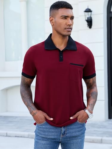 Image of Men's Casual Polo Shirts Summer Short Sleeve Contrast Collar Buttoned Tee Polo Shirt with Pocket