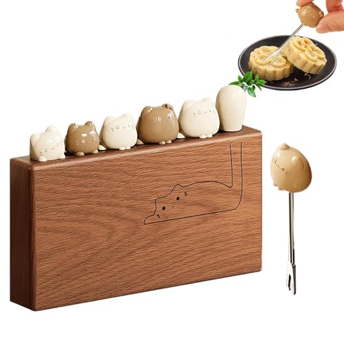 Horquillas de acero inoxidable | 6 piezas lindas - Tenedores de postre con mango en forma de gato y soporte de madera | adecuado para frutas, aperitivos, embutidos, ensaladas y sandías