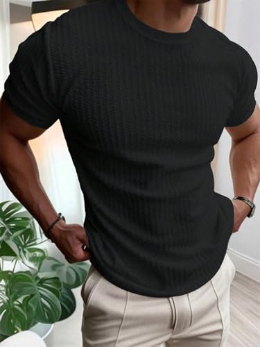 Image of Men's Textured Rib Knit T-Shirt | Premium Stretch Fabric | Crew Neck | Half Sleeve | Slim Fit Casual Solid T-Shirt for Men