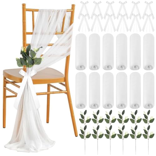 24 Sets Wedding Aisle Decorations for Ceremony Set Wedding Chair Decorations with White Ribbon Bows and Artificial Eucalyptus Stem Chair Sashes for Weddings Party Bench Church Pew Aisle Decor
