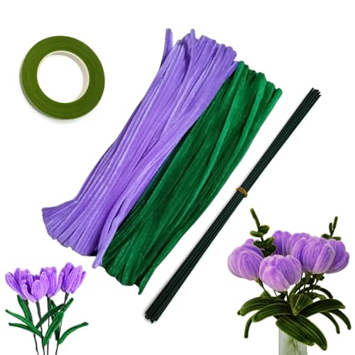 3A Featuretail 200 pcs Pipe Cleaners Set with Floral Wires & Floral Tape | Chenille Stems Pipecleaners for Flower Bouquet Making, Kids DIY Craft Projects and Decorations (Light Purple & Green)