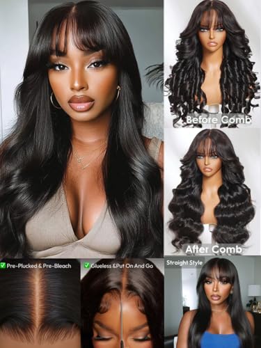 Image of KLAIYI Pre Everything Glueless 13x4 Lace Front Wigs Human Hair Loose Body Wave Bye Bye Knots Pre Cut Lace Pre Bleached Pre Plucked 30S Ready to Wear And Go Frontal Wig with Natural Curtain Bang 22Inch