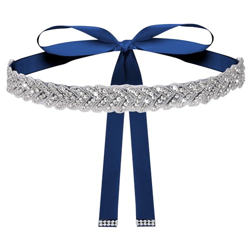 Haakong Bridal Rhinestone Wedding Waist Belt for Women Sparkly Belt Wedding Satin Sash for Special Occasion (Navy Blue)
