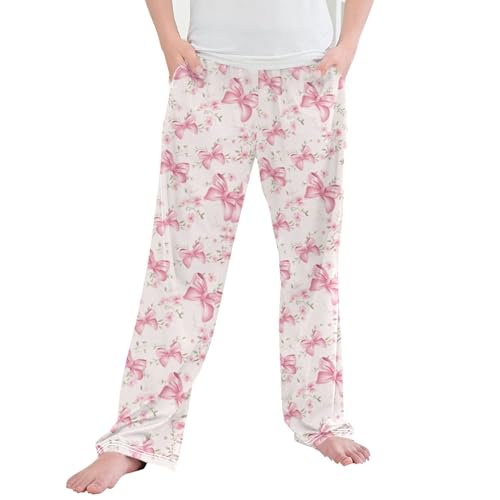 Boho Flower Bows Long Pajama Pants Elastic Waist PJ Bottoms with Pockets S A113235