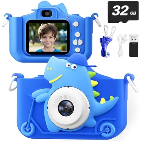 Upgrade Dinosaur Kids Camera Toys, 48MP HD Digital Video Camera for Kids, Chritmas Birthday Gifts for Kids Selfie Camera with 32GB Card, Multi-Functional Cute Toys for Boys Girls Age 3-12 (Blue) Cover
