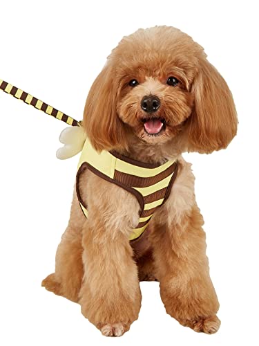 QWINEE 2pcs Striped Dog Leash and Harness Set Bee Design No Pull Adjustable Dog Harness Vest with Escape Proof Leash for Cats Puppy Outdoor Walking Yellow M