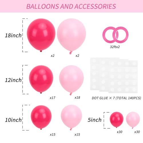 Image of RUBFAC Baby Pink and Hot Pink Balloons 129pcs Different Sizes Pack of 18 12 10 5 Inch, Latex Magenta Pastel Pink Balloon Garland Arch Kit for Birthday Wedding Anniversary Baby Shower Princess Theme