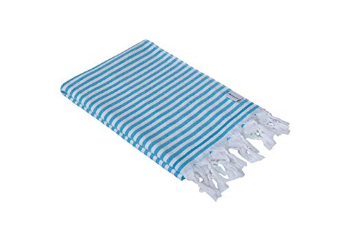 InfuseZen Turkish Towel - Thin and Absorbent Peshtemal Beach Bath Towels - 100% Cotton Oversized Hammam Fouta - XL 71 inches x 37 inches Lightweight Pool, Gym, Travel Towel, Terry Cloth Backing (Aqua)
