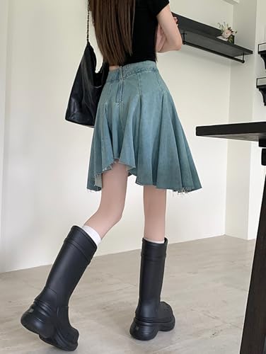 Women's Irregular Denim Skirt Vintage A-Line Skirt High Waist Ruffled Flowing Hem Pleated Loose Casual Skirts3