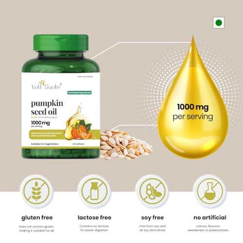 Image of Voll Sante Pumpkin Seed Oil Capsule-1000 mg Per Serving|HPMC Plant-Based Veg Capsules |Non-GMO|Cold-Pressed | Ayurvedic Dietary Supplement | Natural Source of Omega 6 & 9 | Supports Hair & Skin Health | 30 Capsules