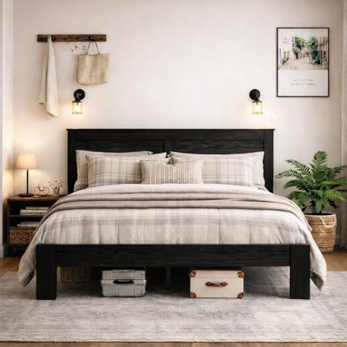 SAMTRA Wooden Bed Frame King Size with Headboard, Farmhouse Platform Bed SAMTRA Wooden Bed Frame King Size with Headboard, Farmhouse Platform Bed - Image 1