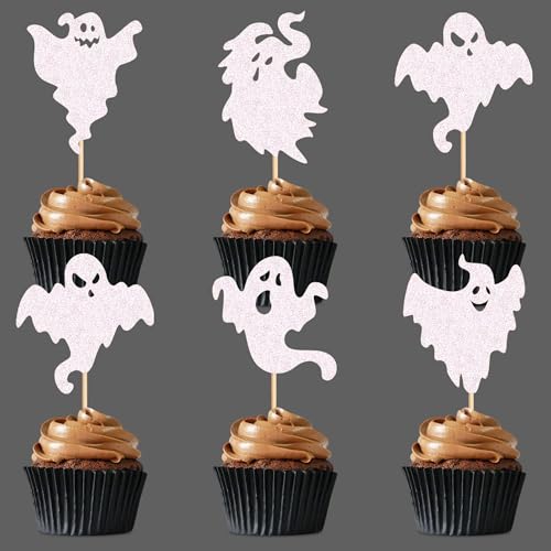 Ercadio 25 Pack Ghost Cupcake Toppers Glitter Halloween Baby Ghos...