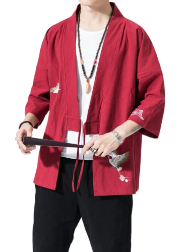 Image of Men's Japanese Kimono Cardigan Loose Cotton Linen 3 /4 Sleeve Open Front Casual Summer Shirt Jackets