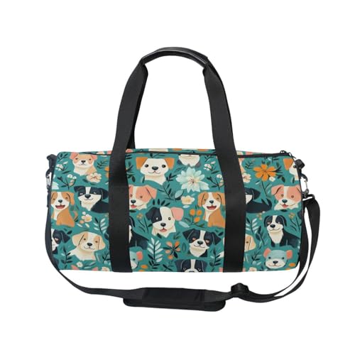 Cartoon Flower Dog Sports Duffel Bag Full Print Durable Barrel Gym Bag with Large Capacity, Adjustable Strap and Side Zippered Pocket for Fitness Sports Training and Travel2