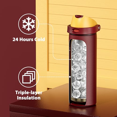 Image of 24 oz Insulated Water Bottle for Women: Meoky Stainless Steel Water Bottle with Straw and Spout Lid - Leak Proof, Cold for 24 Hours, Fits in Car Cup Holder, BPA-Free for Sports Travel, Gryffindor