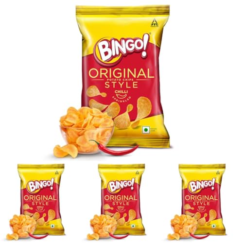 Image of Bingo! Original Style Chilli Sprinkled - Flat Cut Spicy Potato Chips Pack for Snacks, 90g /85gram /90.7G(Weight may vary) (Pack of 4)
