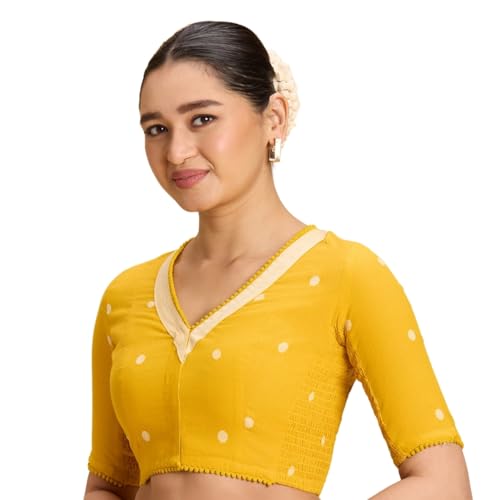 Image of Studio Shringaar Women's Mustard Yellow Handloom Cotton Stretchable (Smocked) Readymade Saree Blouse