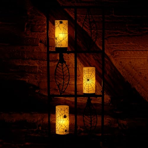 Image of GenSwin Halloween LED Flickering Flameless Candles Battery Operated with Spider Decals, 3 Pcs Pillar Candlestick Real Wax with 6H Timer for Decoration