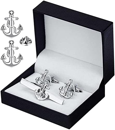 XQKXHZ Mens Cufflinks Set, 5 pcs Set Stainless Steel Exquise Men's Cufflinks & Tie Clip Pin Set, Silver Classic Anchor Shape Design with Gifts Box, for Wedding Business