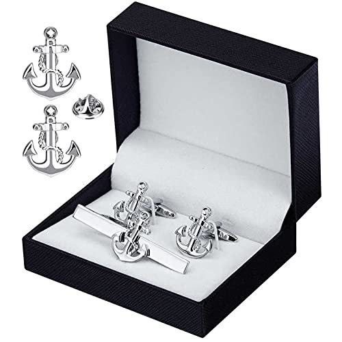 Xqkxhz Mens Cufflinks Set, 5 Pcs Set Stainless Steel Exquise Men's Cufflinks & Tie Clip Pin Set, Silver Classic Anchor Shape Design With Gifts Box, For Wedding Business #TOP2