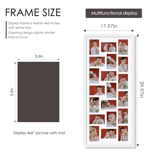 Image of DUENPY 16x38 Collage Picture Frame 4x6 Collage Frame Displays twenty 4x6 inch Photos Available Horizontal Wall Mounting Display and Vertical White