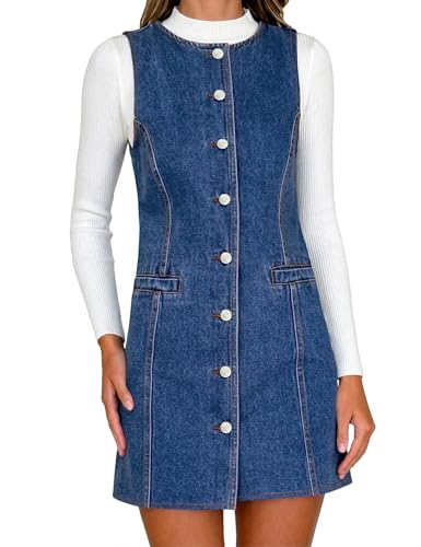 Nitzana Women's Denim Dress Jean Sleeveless Button Down Shirt Mini Tank Casual Summer Dresses with Pocket 2025 Trendy Outfits Blue