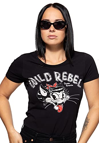 Queen Kerosin Damen Basic T-Shirt | Slim Fit | Retro Frontprint | Baumwolle Stretch | Cartoon Wild Rebel Cover