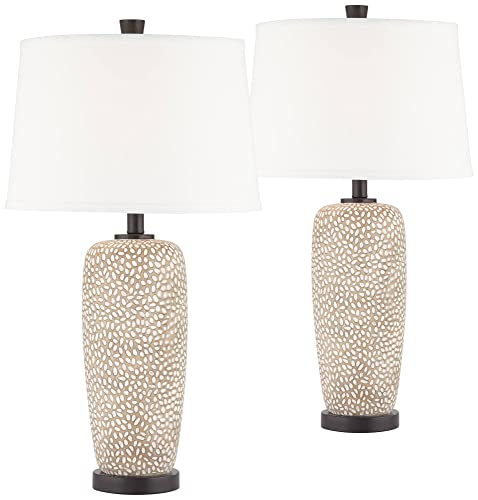 360 Lighting Anna 27 1/4" Tall Modern Coastal Table Lamps Set of 2 Beige Pebbled Fabric White Shade Living Room Bedroom Bedside Nightstand House Office Home Reading Kitchen Entryway Console Family - Image 2