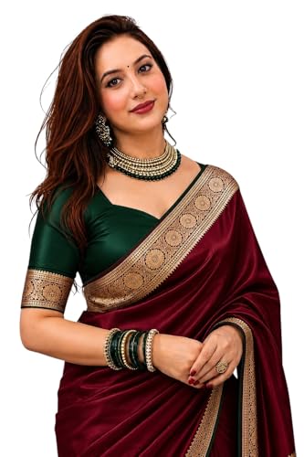 Image of Women's Glory Satin Silk Saree Plain Soft Shiny Elegant Party Traditional Ethnic