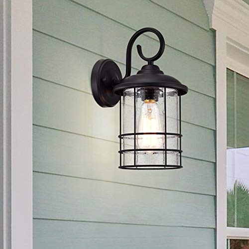 Image of MICSIU Matte Black Outdoor Wall Lantern 2-Pack Rustic Farmhouse 12.25 inch | Anti-Rust Exterior Wall Sconce with Clear Seedy Glass, Waterproof Outside Light Fixtures for Front Porch, Garage, Entryway