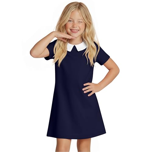 LessonZoo Summer Dress for Girls Doll Collar A Line Swing Party Dresses with Pocket for Kids Back to School Aged 5-14 Years(Navy Blue 11-12 Years)
