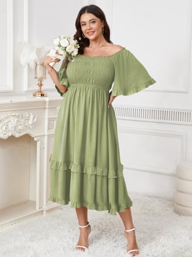 Image of SCOMCHIC Women's Plus Size Maxi Summer Wedding Guest Cocktail Boho Dresses | Short Sleeve, Square Neck Smocked, A line, Fall, Elegant Flowy Long Dress