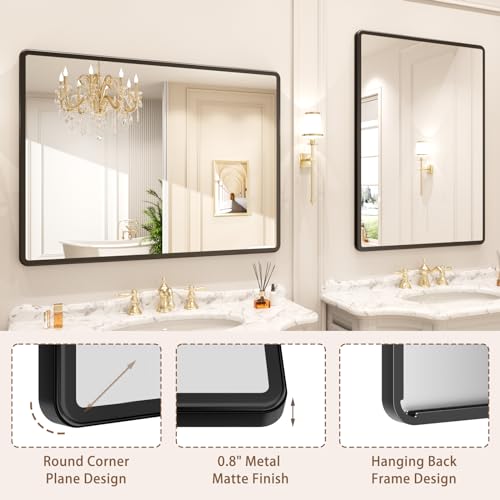 New Upgrade Bathroom Mirror, 40X30 Inch Black Metal Frame Wall Mounted Rounded Rectangle Bathroom Vanity Mirror with Tempered Glass for Washroom Bedroom Living Room