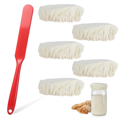 Sourdough Starter Jar Cloth Covers with Spatula 5 PCS Handmade Cotton Cloth Covers Reusable Linen Cover for Sourdough Starter Container Unbleached Fabric Bread Fermentation Cover for 3-4in Mouth