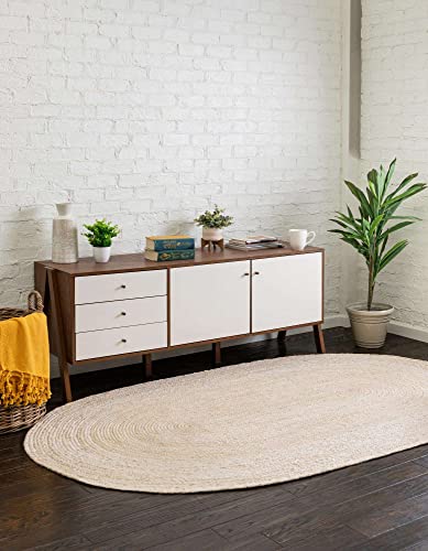 Image of Unique Loom Braided Jute Collection Area Rug - Dhaka (5' 1 inch x 8' Oval, White)