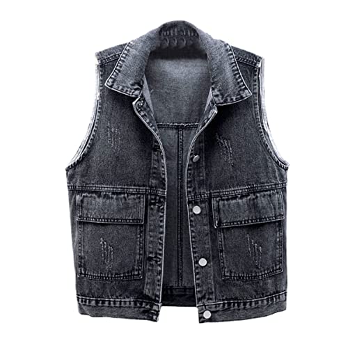 Gilet en jean noir femme grande taille veste sans manches en denim court style décontracté