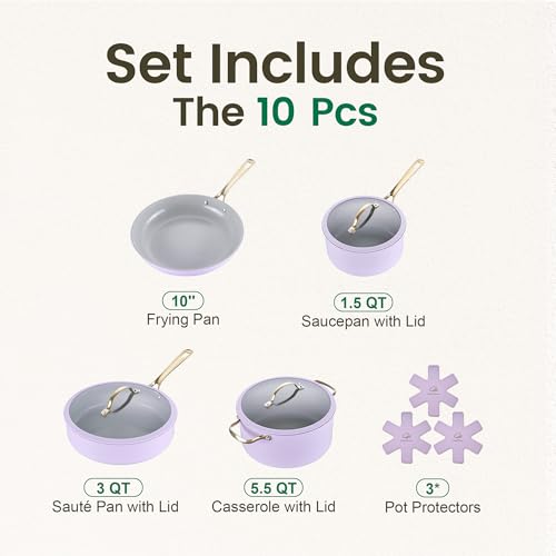 Chef Power Ceramic Cookware Sets, 10Pcs Pots and Pans Set Non Stick, Cookware Set with Stainless Steel Handle, Dishwasher & Oven Safe, Light Purple and Granite Grey - image 2