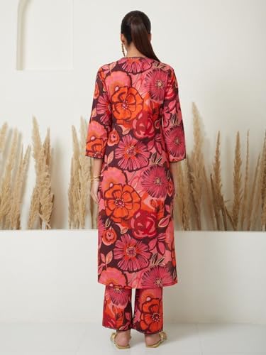 Image of Yashika Women's 3 /4 Sleeve Floral Printed Kurti Pant Set, Cotton Blend, Knee Length, Stylish Ethnic Outfit, Office, and Casual Occasions